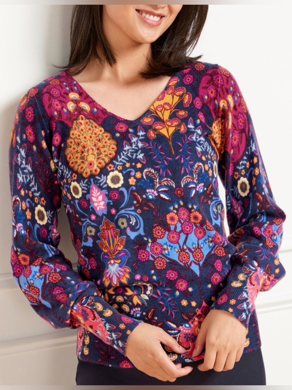 Talbots Floral Cashmere Sweater Size Small Petite